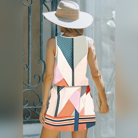 SAUKOLE Womens Loose Sleeveless Crew Neck Drawstring Waist Mini Short Dress - Picture 3 of 3